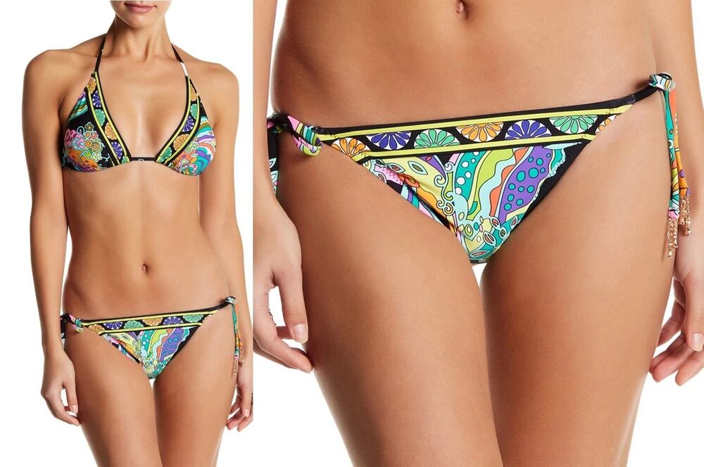 Trina Turk Black Sea Garden Tie Side Hipster Swim Bikini Bottom sz 8